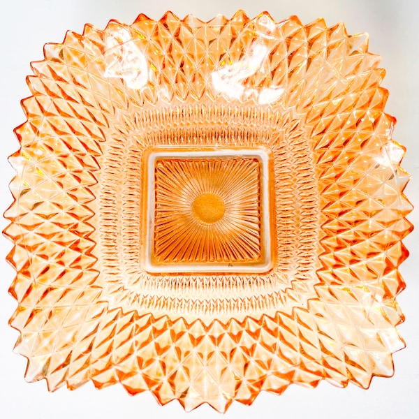 Vintage Iridescent Orange Diamond Point Carnival Glass Dish | Ruffled Edges | Peach Shade