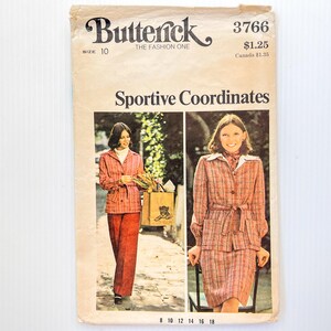 May include: A vintage sewing pattern for a two-piece outfit, featuring a jacket and skirt. The pattern is from Butterick, size 10, and is called "Sportive Coordinates".