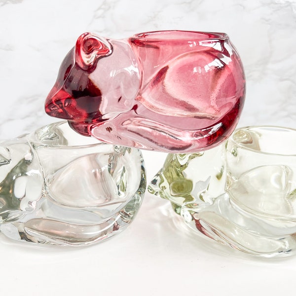 Vintage Avon & Indiana Glass Pink and Clear Cat Tealight Candle Holders | Sold Separately | Purrfect Cat Lovers Birthday Gift