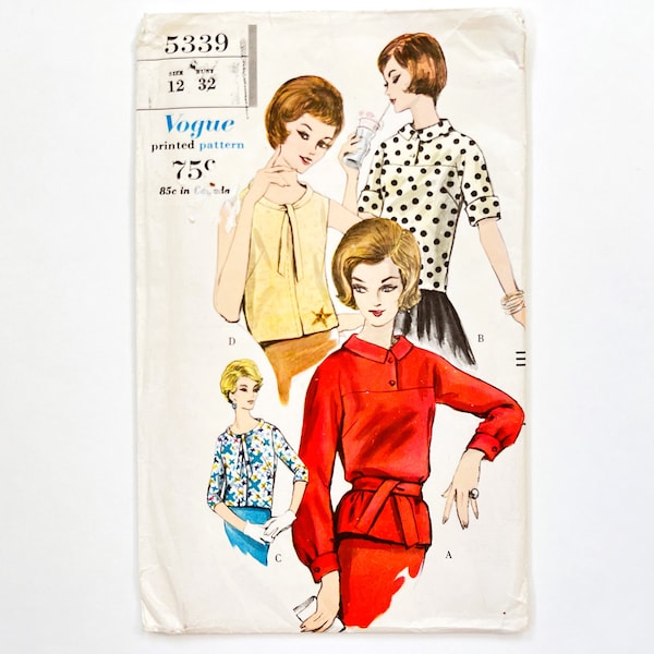 Vogue 5339 Vintage Women's Blouses with Kimono Sleeves | Size 12, Bust 32 | 1960's Sewing Pattern, Uncut FF