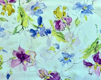 5.75 Yards John Kaldor Floral Cotton Voile Apparel Fabric | 28x212 | Light Green w/ Blue & Purple Flowers, Semi-Sheer