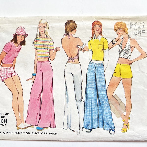 Simplicity 5640 Vintage Women's Halter Top, Bell Bottom Pants, & Shorts | Size 14, Bust 36 | 1970's Sewing Pattern, Cut Complete