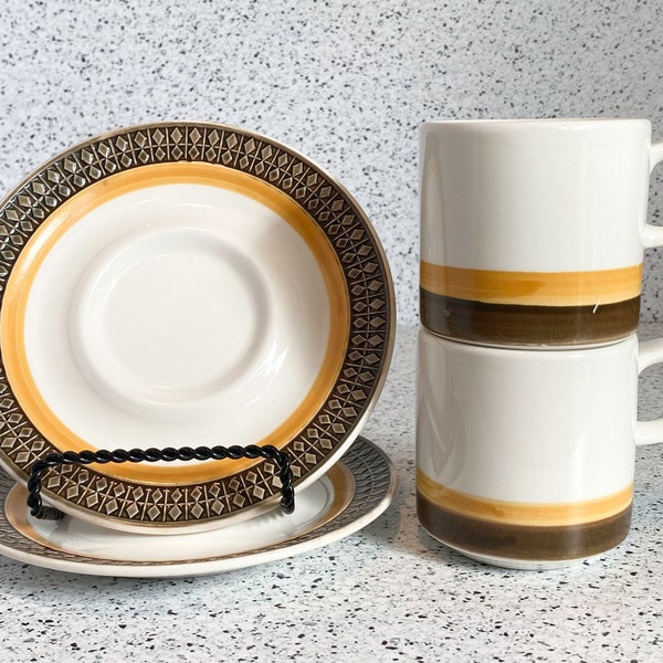 2 Vintage Cups & Saucers Set | Fashion Manor Darian | Mid Century | Coffee Tea Espresso | Brown and Yellow Stripes