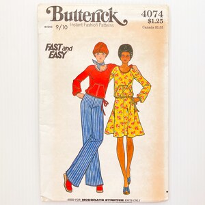May include: A vintage sewing pattern for two outfits, one with a red top and blue striped pants, and the other with a yellow floral dress. The pattern is labeled "Butterick 4074" and "Fast and Easy".