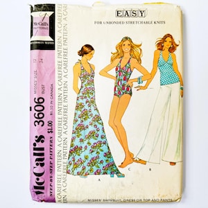 McCall&#39;s 3606 Vintage damesbadpak, -jurk of haltertop en -broek | Maat 12, buste 34 | Eenvoudig naaipatroon jaren 70, volledig geknipt