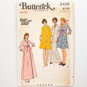 May include: Vintage sewing pattern for a long robe with a tie belt. The pattern is for sizes 8 to 18 and is from Butterick, the fashion one. The pattern is called "Fast and Easy" and is number 3416.
