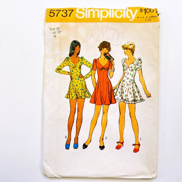 Simplicity 5737 Vintage Women's Flared Babydoll Dress | Size 16, Bust 38 | 1970's Sewing Pattern, Cut Complete