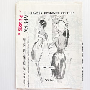 May include: A vintage sewing pattern for a dress, size 14, with a black and white illustration of two women wearing the dress. The pattern is labeled "SPADEA DESIGNER PATTERN" and "NS-349".