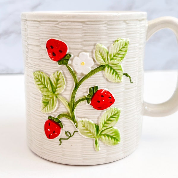 Vintage Otagiri Raised Strawberry & Flowers Design Mug | 12oz Capacity | 1980's Made in Japan