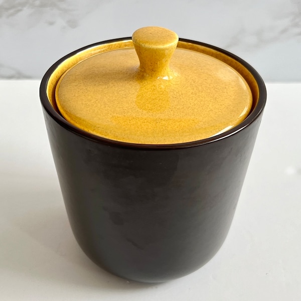 Vintage Mikasa Terra Stone Saffron Sugar Bowl & Lid | 1970's Mid Century Modern Stoneware, Mustard and Brown | Coffee Lovers Gift Idea