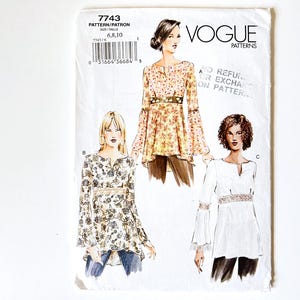 May include: Vogue sewing pattern 7743 for sizes 6, 8, and 10. The pattern features three different styles of tops with bell sleeves and a decorative trim around the waist. The tops are shown on three different models.
