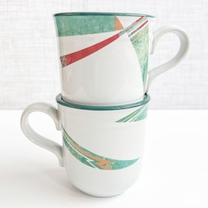 Vintage Noritake New West Stoneware Coffee Mugs | Set of 2 | Green Geometric Santa Fe Design