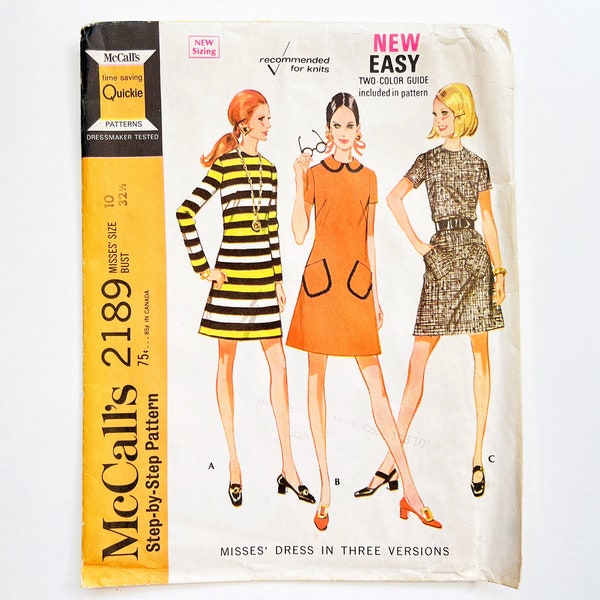 McCall's 2189 Vintage Women's A Line Dress | Size 10, Bust 32 1/2 | 1960's Mod Style Sewing Pattern, Cut Complete