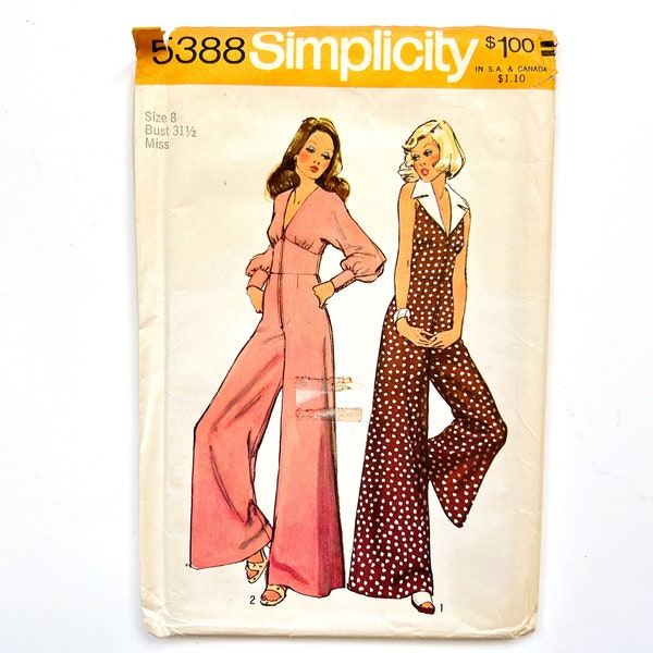 Simplicity 5388 Vintage Women's Jumpsuit | Size 8, Bust 31 1/2 | 1970's Boho Sewing Pattern, Uncut Complete