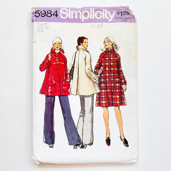 Simplicity 5984 Vintage Women's Tent Coat | Size 12, Bust 34 | 1970's Sewing Pattern, Uncut & Complete