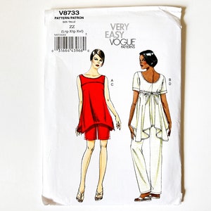 May include: Vogue Very Easy sewing pattern, number V8733, size ZZ (Large-Extra Large-Extra Extra Large), for a sleeveless top and pants, or a short-sleeved top and pants. The pattern shows two women wearing the garments, one in red and one in white.