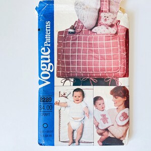 Vogue 8289 Vintage Baby Diaper Bag, Changing Pad, Bib, Burp Cloth, & Stuffed Bear Toy | 1980's Sewing Pattern, Uncut FF