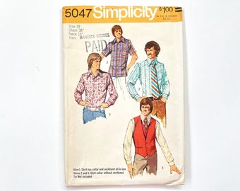 Simplicity 5047 Vintage Men's Vest & Collared Shirts | Chest 38, Neck 15 | 1970's Sewing Pattern, Partially Cut Complete