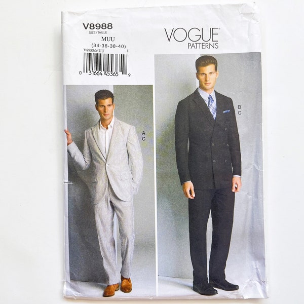 Vogue 8988 Men's Suit Jacket & Tapered Pants | Sizes 34, 36, 38, 40 | Advanced Sewing Pattern, Uncut FF