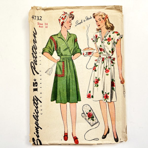 Simplicity 4732 Vintage Women's House Dress and Quilted Pot Holder Mitt | Size 14, Bust 32 | 1940's Unprinted Sewing Pattern