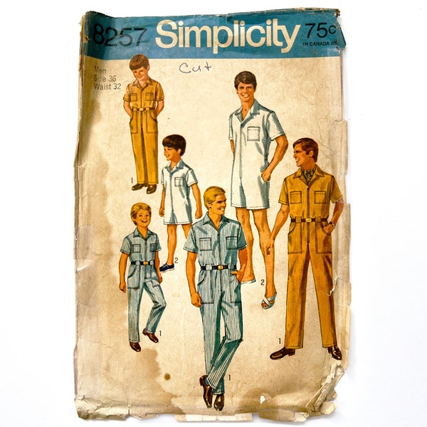 Simplicity 8257 Vintage Men's Jumpsuit in Two Lengths | Chest 36, Waist 32 | 1960's Mod Sewing Pattern, Cut