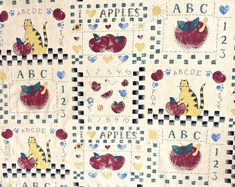 Vintage ABC Apples & Cats Quilting Cotton BTY | Fabric for Sewing Pillows, Blankets, Curtains, Bags, Teacher Gifts