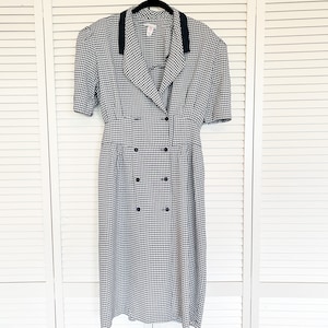 Vintage Navy Blue & White Gingham Plaid Button Up Dress | Medium, Large | 1970&#39;s Rockabilly Style Apparel