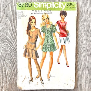 Einfachheit 8780 Vintage Damen Zweiteiler Kleid | Größe 12, Brustumfang 34 | 1970er Jahre Schnittmuster, Schnitt, Komplett