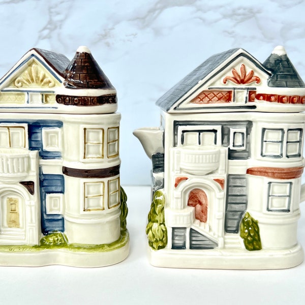 Vintage Otagiri Victorian Houses Ceramic Creamer & Sugar Set | 1980's Hand Painted for Coffee, Tea | Cottagecore Kitchenware