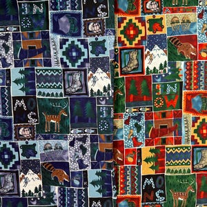 May include: A colorful fabric with a patchwork design featuring various images, including deer, mountains, trees, and boots. The fabric has a blue and green color scheme on the left side and a red, yellow, and green color scheme on the right side.