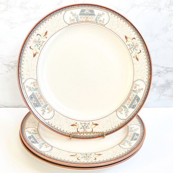 Vintage Mikasa Provincial Country Lane Stoneware Dinner Plates | Set of 3 | Rustic Farmhouse Dinnerware