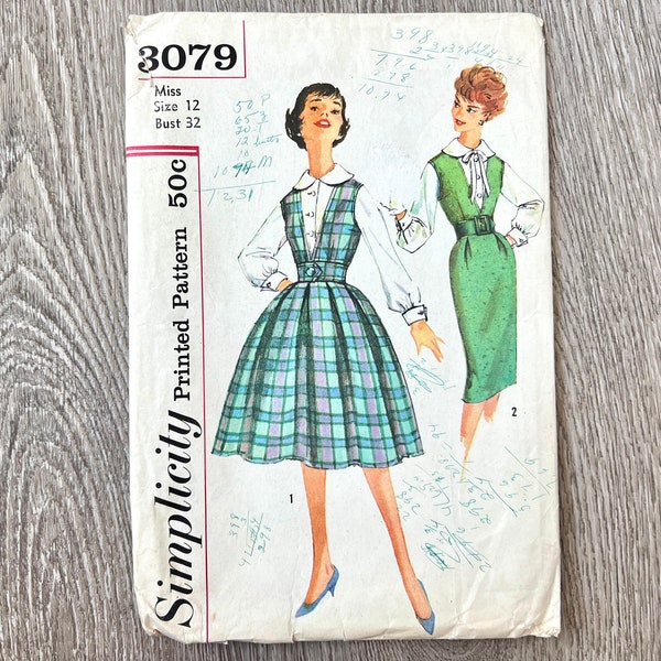 Simplicity 3079 Vintage Women's Jumper with Two Skirts & Blouse | Size 12, Bust 32 | 1950's Sewing Pattern, Cut, Complete