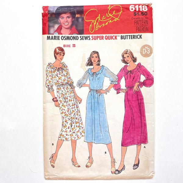 Butterick 6118 Vintage Women's Prairie Style Dress | Sizes 10, 12, 14 | 1970's Marie Osmond Sewing Pattern, Cut Complete