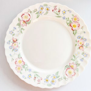 Vintage Arcopal Champetre Milk Glass Dinner Plate | Blue & Pink Flowers with Scalloped Edge