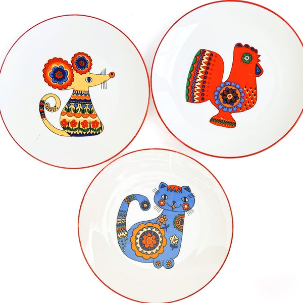 Vintage Bareuther Waldsassen Salad Plates | Blue Cat, Red Rooster, Yellow Mouse | Boho, Folk Mid Century Modern