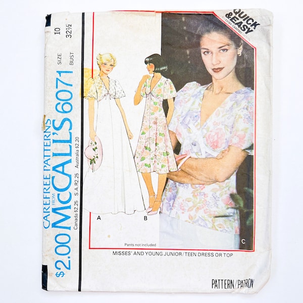 McCall's 6071 Women's High Waisted Dress or Top | Size 10, Bust 32.5 | 1970's Boho Style Sewing Pattern, Uncut FF