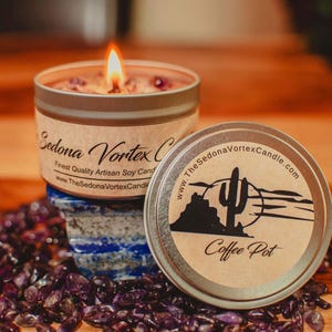 Sedona Vortex Candle - 8oz Tin. Hand Made Soy Wax Aromatherapy Candle with Amethyst Crystals - Sage - Vortex Energy