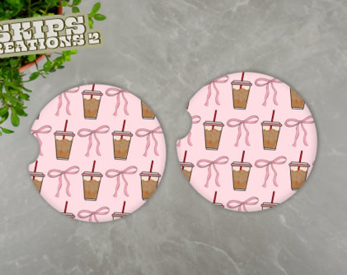Car Coasters | Iced Coffee & Pink Bows | Pack Of 2