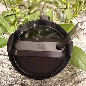 Puede incluir: Un termo negro con tapa gris oscuro y pajita transparente. La tapa tiene cierre deslizante y un peque&ntilde;o logotipo. La taza est&aacute; rodeada de plantas verdes.