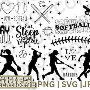 May include: Black and white softball themed digital clipart set with images of players, balls, bats, and text phrases like "Peace Love Softball", "Play Ball", "Eat Sleep Softball Repeat", and "Softball Ballers".