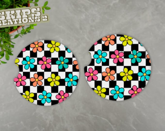 Car Coasters | Checkers & Flowers | Pack Of 2