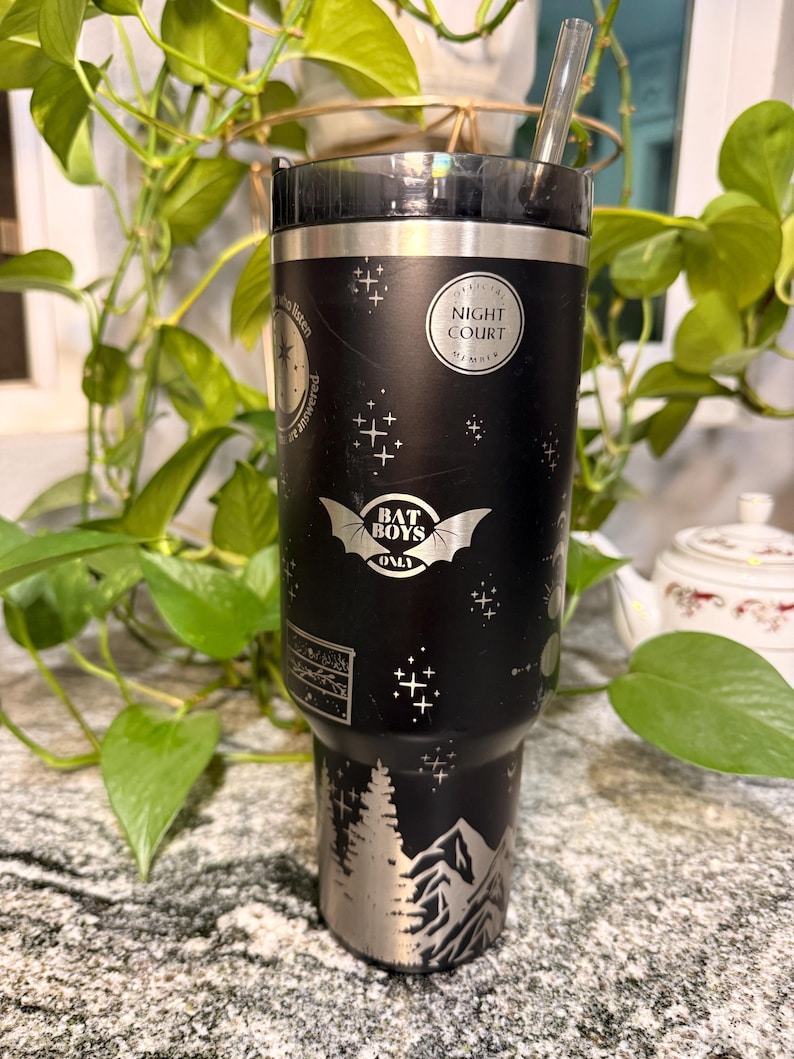 Puede incluir: Vaso negro con detalles plateados y pajita transparente. El vaso presenta el texto "NIGHT COURT" y "BAT BOYS ONLY", junto con un dise&ntilde;o de monta&ntilde;a y &aacute;rboles. Decorado con patrones de estrellas y cruces.