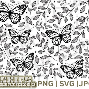 May include: Black and white digital illustration of butterflies and leaves. The butterflies are stylized and have a whimsical feel. The leaves are simple and elegant.