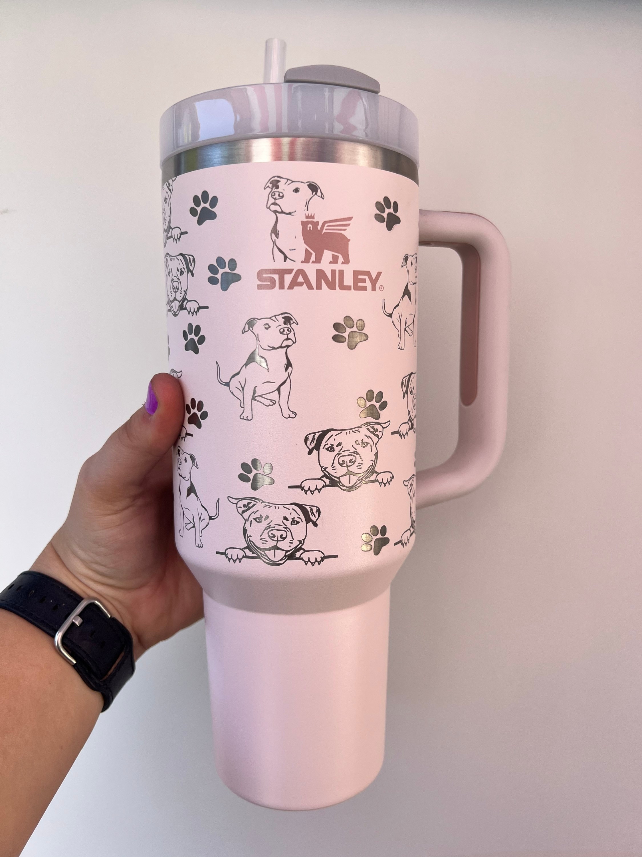 Stanley Tumbler Laser Engraved Half Design Pit Bull & Paw Prints