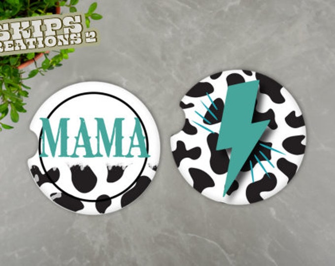 Car Coasters | Mama | Turquoise | Lightning Bolt | Pack Of 2