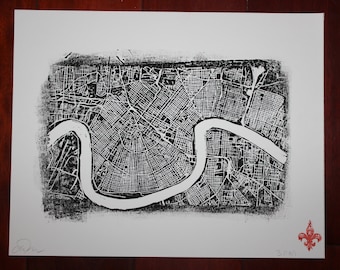 New Orleans Street Map Linocut Print Black and White