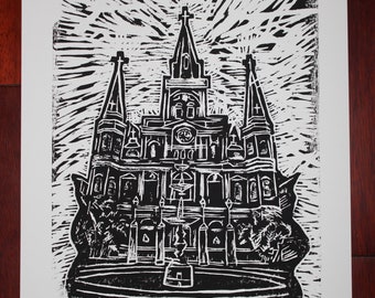 St. Louis Cathedral, Jackson Square New Orleans Linocut Art Print