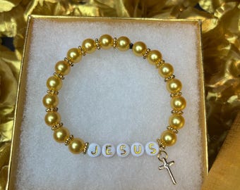 Jesus Gold Pearl Beaded Bracelet: Christian Handmade Jewelry