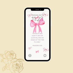 Pode incluir: Um laço rosa sobre um fundo branco com o texto "STRENGTH AND DIGNITY ARE HER CLOTHING, AND SHE LAUGHS AT THE TIME TO COME." PROVERBS 31:25"