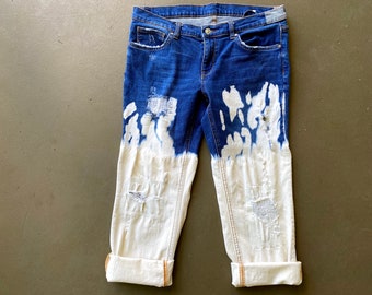 Bleach Dipped Distressed Destroyed Cropped Jeans